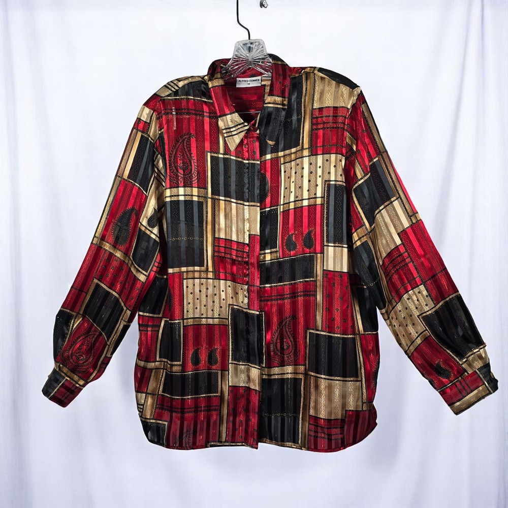 VTG Alfred Dunner Woman 18 Button‎ Down Top Paisley Print Blouse Red Gold Black